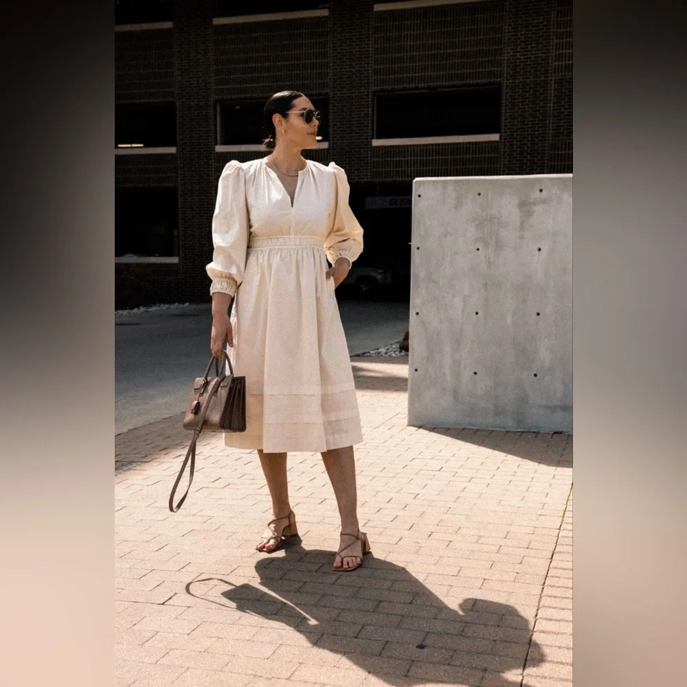 NWT J.Crew Long-sleeve smocked-waist midi dress in lightweight chino cream